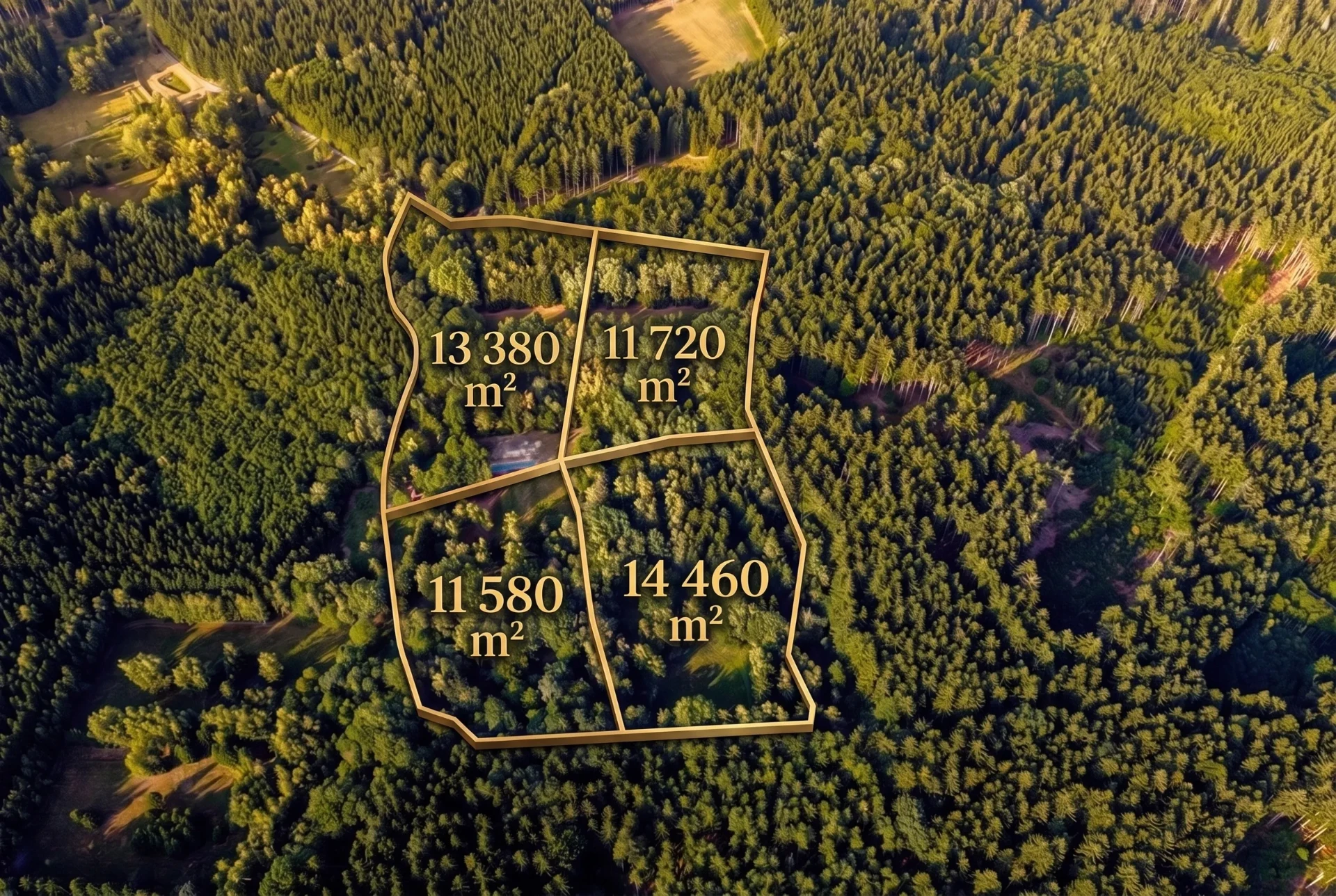 Aerial view of the four plots with boundaries and areas